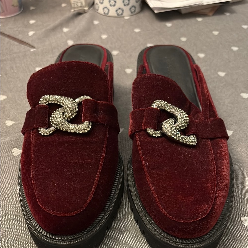 AEROSOLES Burgundy Velvet Loafers with Rhinestone Accent